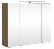 Moderner Spiegelschrank mit drei Türen und Holzseitenansicht, frontal betrachtet.