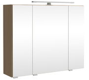 Moderner Spiegelschrank mit drei Türen und Holzseitenansicht, frontal betrachtet.