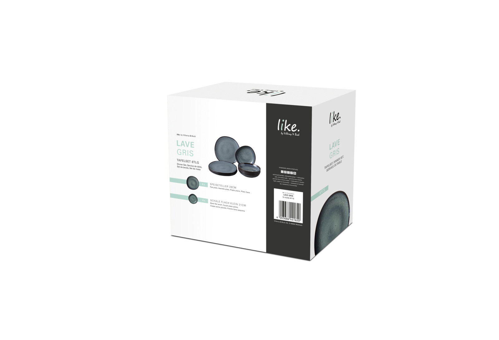 Verpackung des Tafelservice 8-tlg. Lave Gris von Villeroy & Boch, schräg von vorne fotografiert