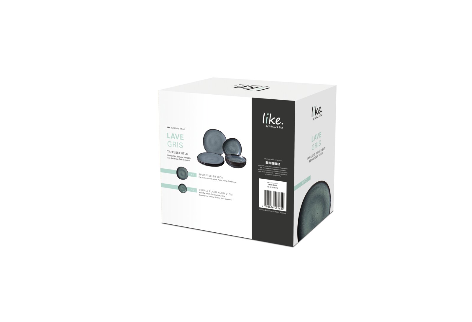 Verpackung des Tafelservice 8-tlg. Lave Gris von Villeroy & Boch, schräg von vorne fotografiert