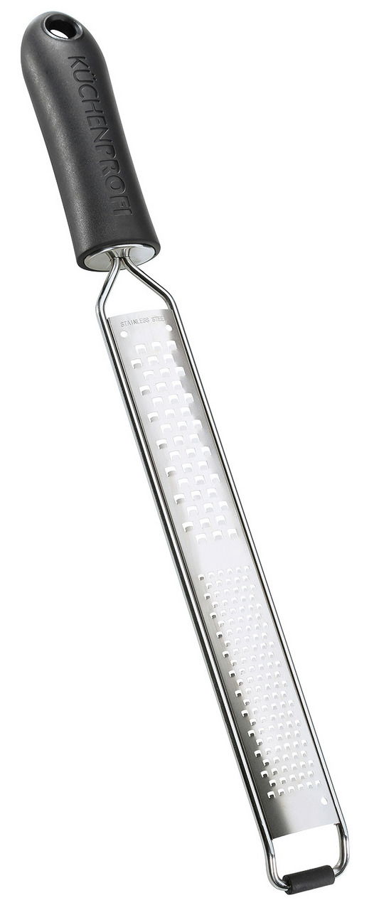 Feine und grobe Reibe aus Edelstahl mit schwarzem Griff, seitliche Perspektive