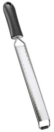 Feine und grobe Reibe aus Edelstahl mit schwarzem Griff, seitliche Perspektive