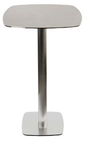 Moderner Bartisch mit quadratischer Tischplatte und stabilem Metallfuß, Frontalansicht.