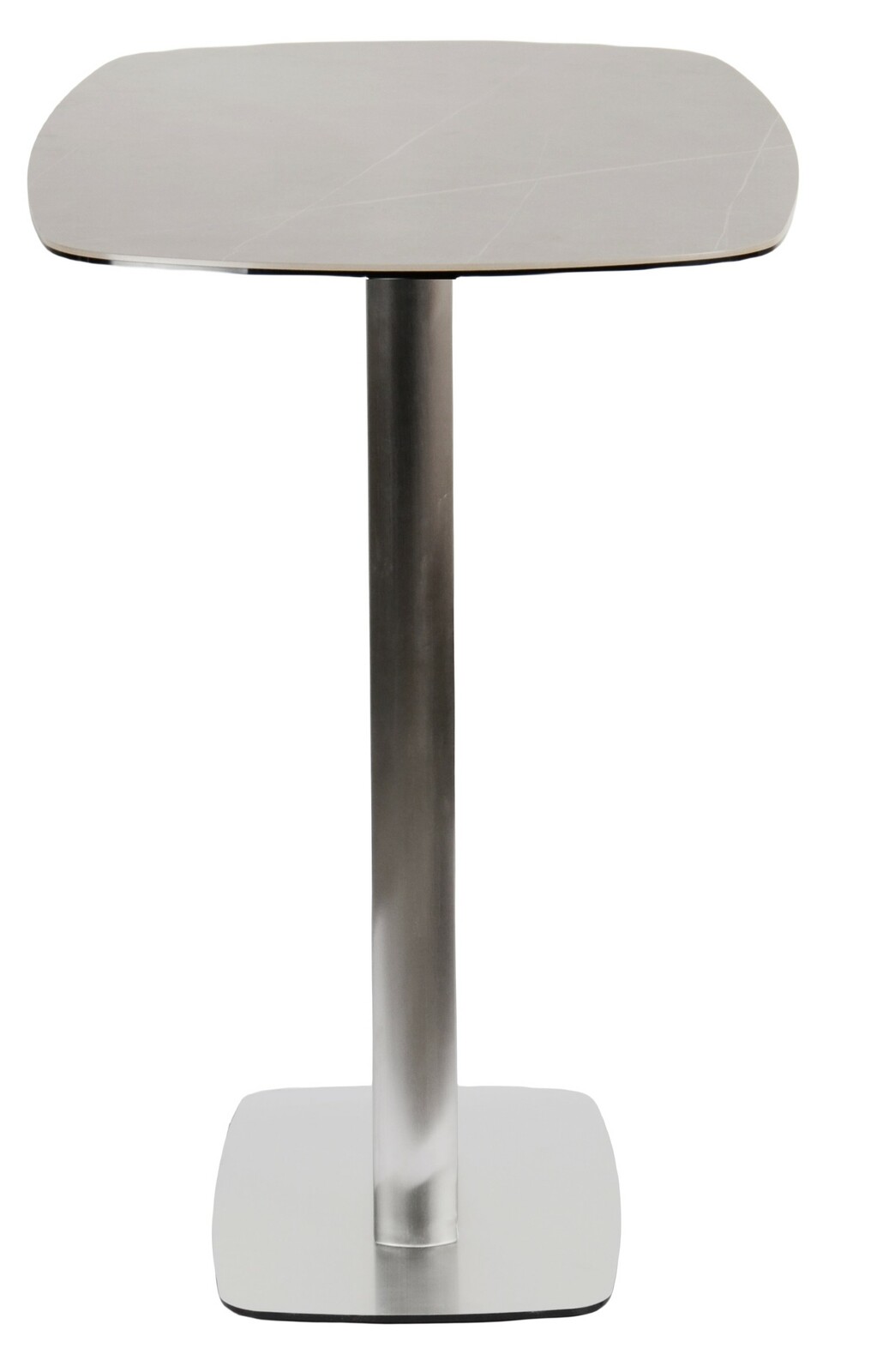 Moderner Bartisch mit quadratischer Tischplatte und stabilem Metallfuß, Frontalansicht.