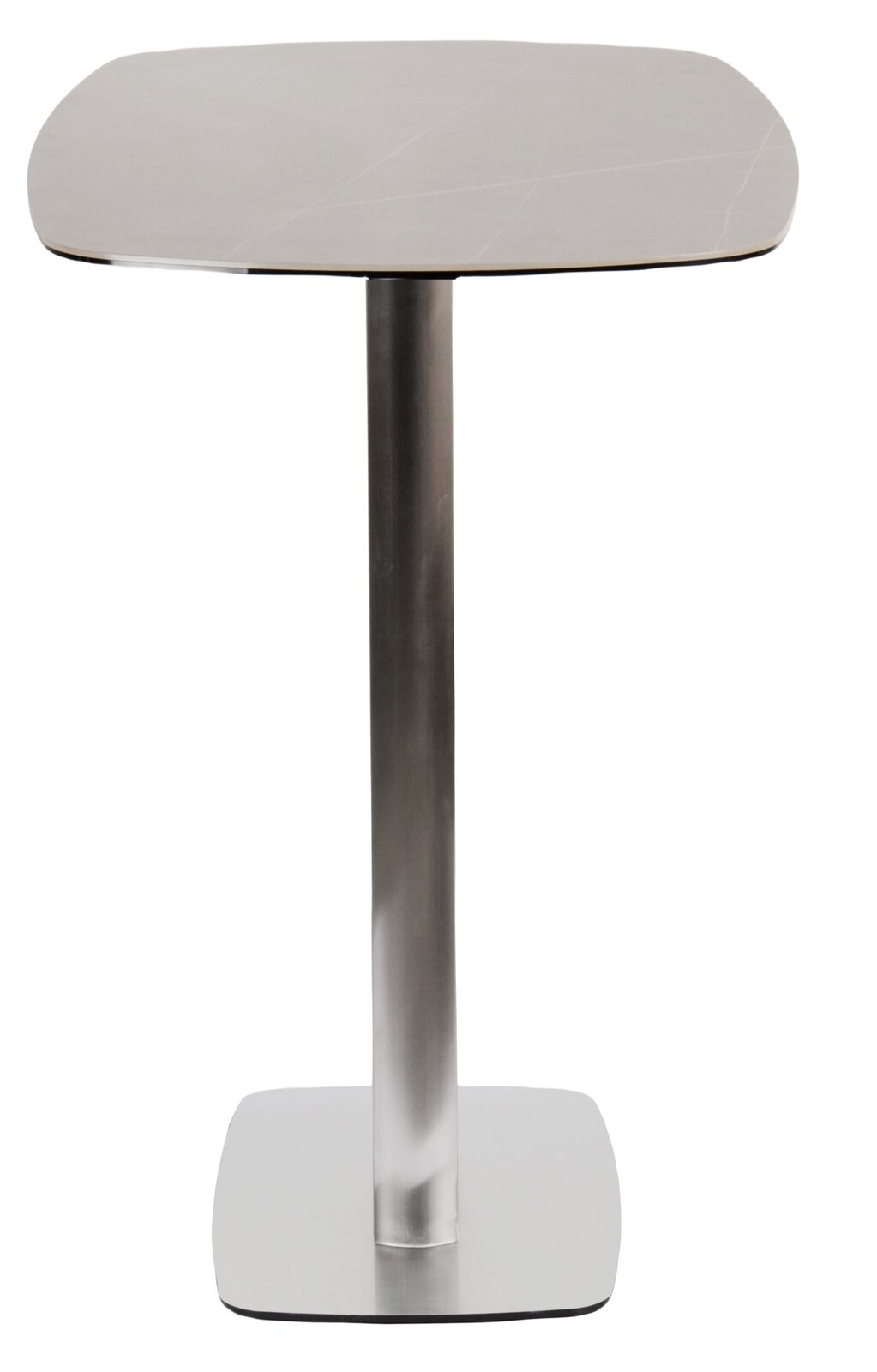 Moderner Bartisch mit quadratischer Tischplatte und stabilem Metallfuß, Frontalansicht.