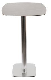 Moderner Bartisch mit quadratischer Tischplatte und stabilem Metallfuß, Frontalansicht.