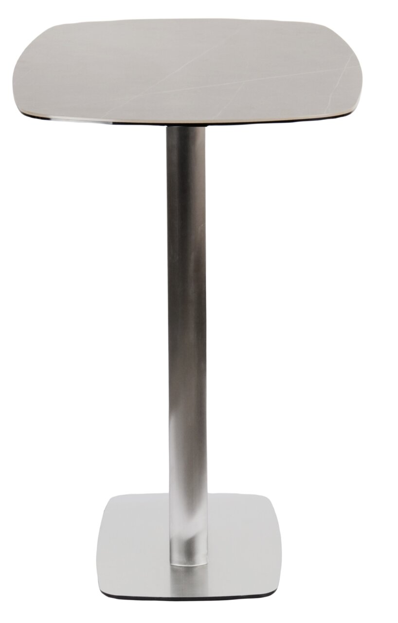 Moderner Bartisch mit quadratischer Tischplatte und stabilem Metallfuß, Frontalansicht.