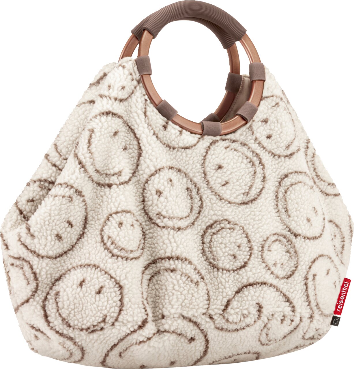 Reisenthel Loopbag Habo SMILEY TEDDY CHOCOLATE Flauschige Handtasche aus Teddyplüsch in Creme mit braunem Kreis-Muster und zwei runden Tragegriffen, frontal aus der Vorderansicht freigestellt auf weißem Hintergrund
