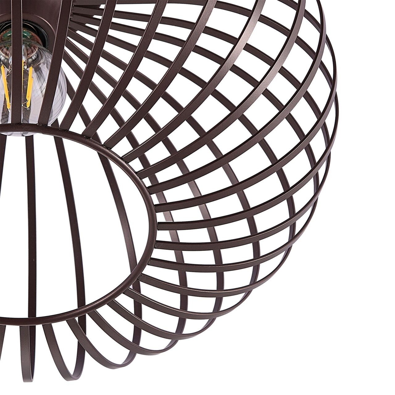Moderne plafondlamp met een bruin, geometrisch metalen roosterontwerp, zijaanzicht