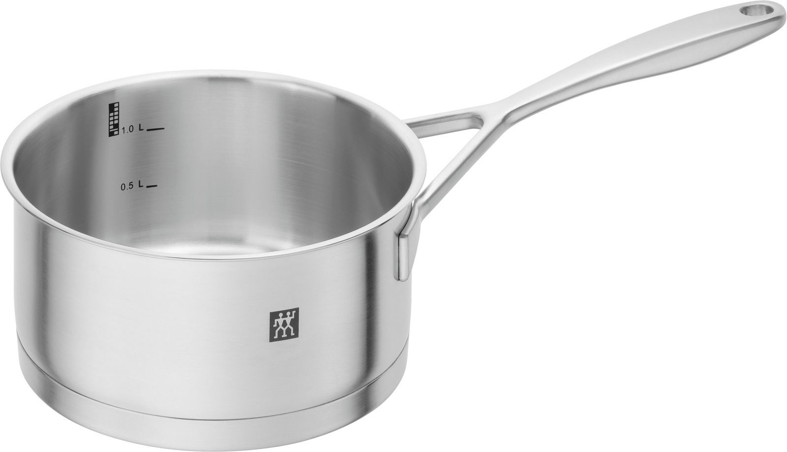 Edelstahl-Stielkasserolle mit Messskala, seitliche Perspektive