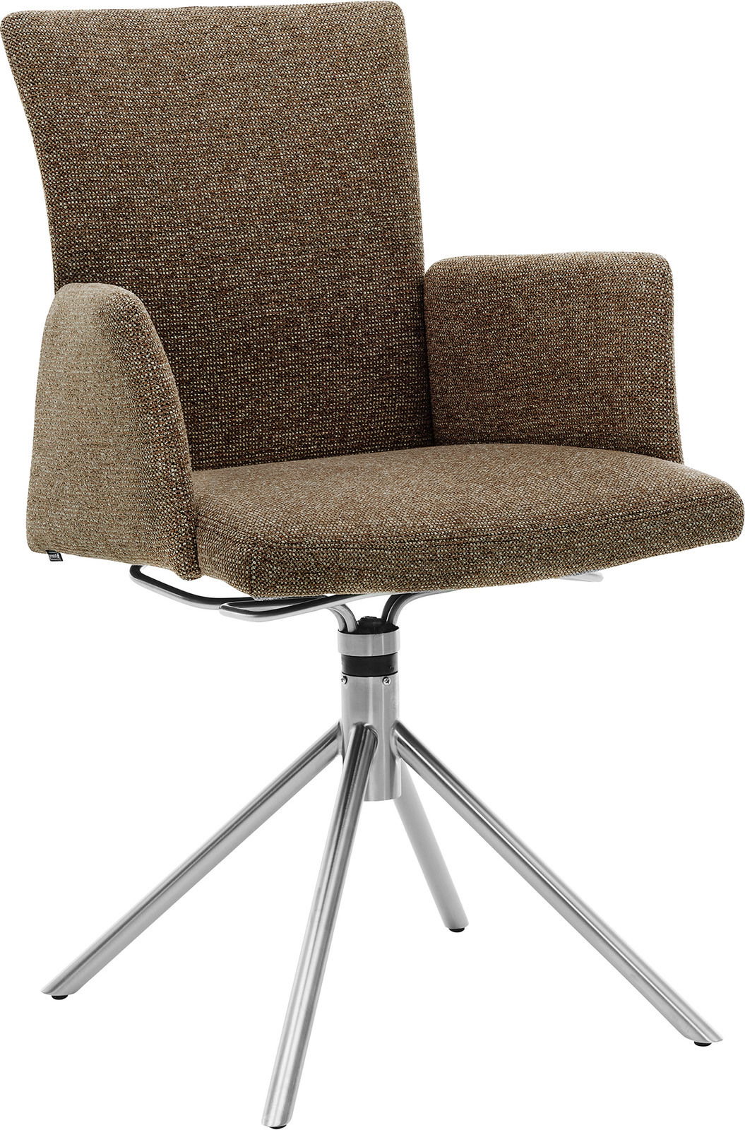 Moderner Drehstuhl mit braunem Stoffbezug und Metallgestell, seitliche Perspektive
