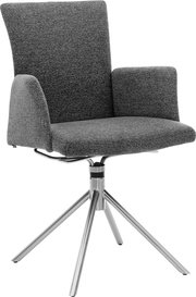 Moderner Drehstuhl mit braunem Stoffbezug und Metallgestell, seitliche Perspektive