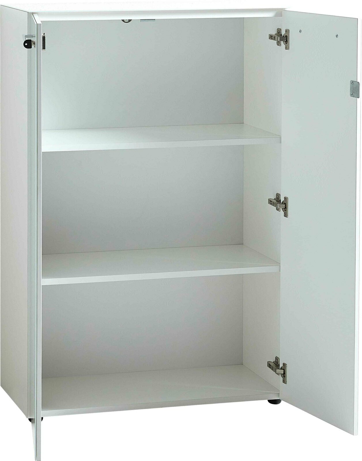 Weißer, niedriger Aktenschrank mit zwei offenen Türen und zwei Einlegeböden, frontal betrachtet.