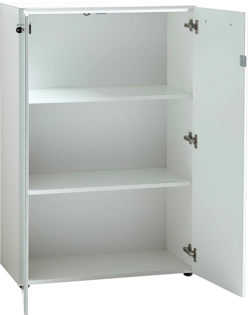 Weißer, niedriger Aktenschrank mit zwei offenen Türen und zwei Einlegeböden, frontal betrachtet.