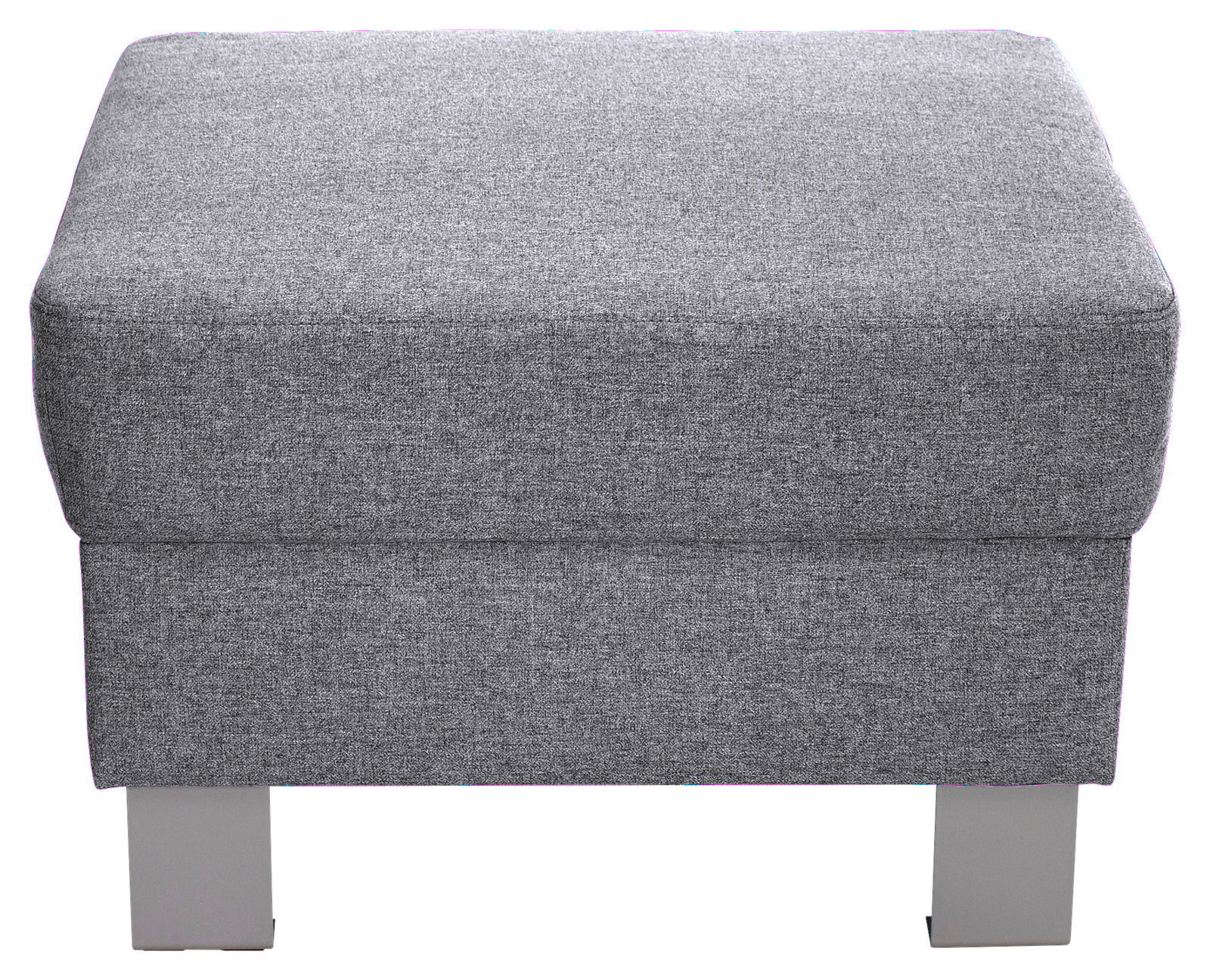Grauer Hocker mit Stoffbezug und Metallbeinen, Frontalansicht
