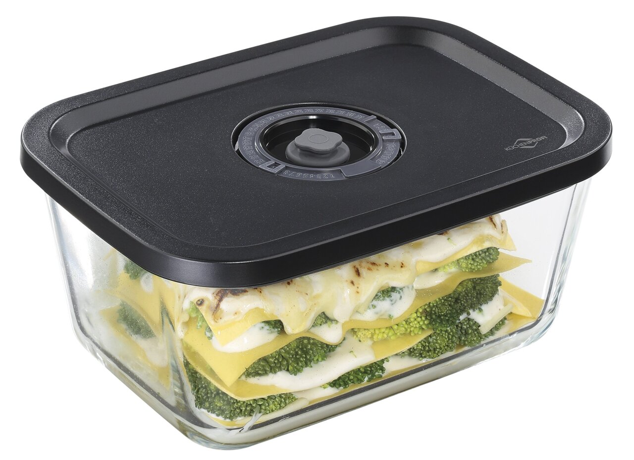 Vakuumier-Set EASYFRESH mit schwarzem Deckel, gefüllt mit Lasagne und Brokkoli, seitliche Perspektive