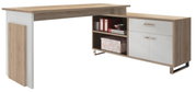 Moderner Eck-Schreibtisch mit Holzoptik und weißen Elementen, ausgestattet mit Regalfächern und Schubladen, seitliche Perspektive.