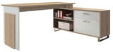Moderner Eck-Schreibtisch mit Holzoptik und weißen Elementen, ausgestattet mit Regalfächern und Schubladen, seitliche Perspektive.