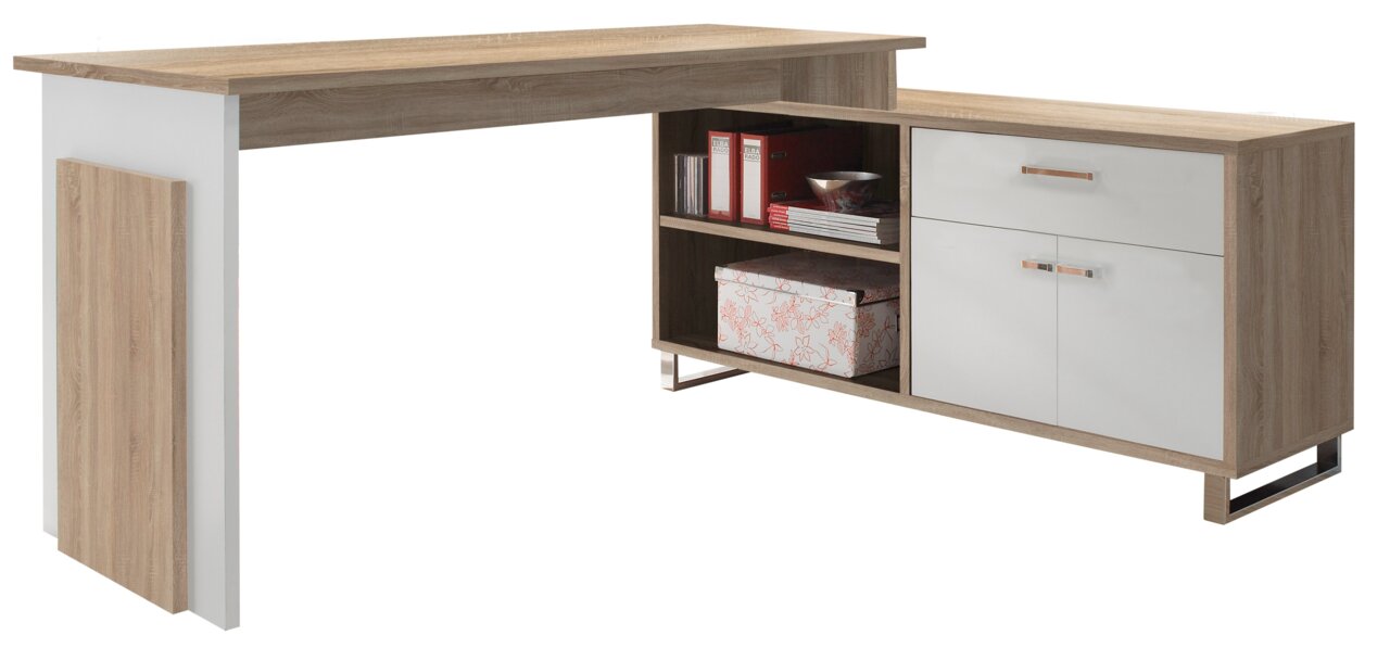 Modern hoekbureau met houtlook en witte elementen, voorzien van planken en lades, zijaanzicht.