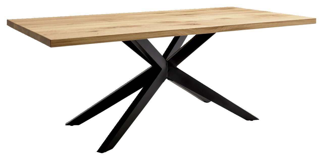 Moderne eettafel met houten blad en zwart metalen onderstel, zijaanzicht