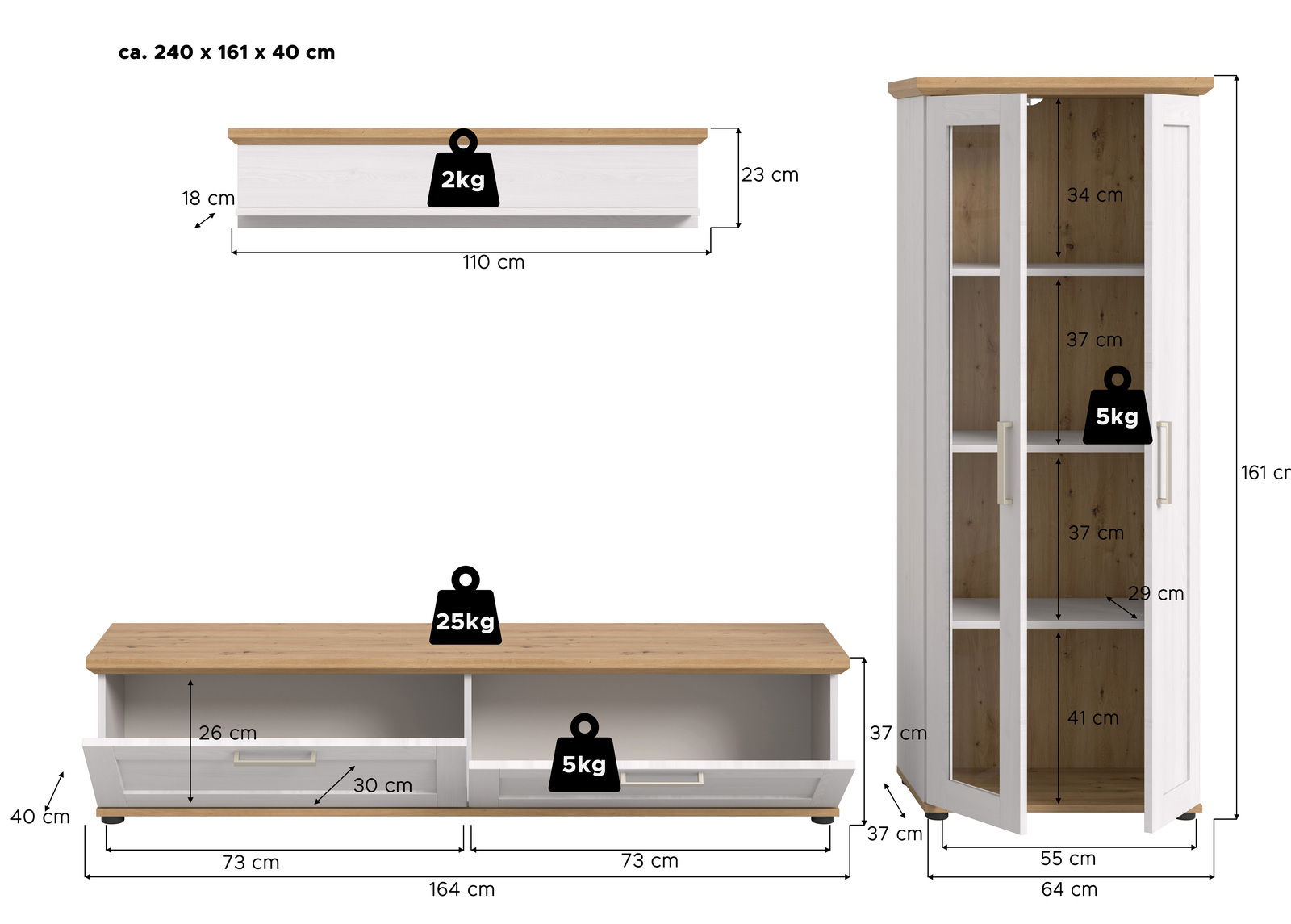 Wohnkombination VERONA in Weiß und Holzoptik, bestehend aus einem hohen Schrank mit Glastüren und einem niedrigen TV-Board, Gesamtmaße ca. 240 x 161 x 40 cm, seitliche Perspektive