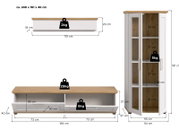 Wohnkombination VERONA in Weiß und Holzoptik, bestehend aus einem hohen Schrank mit Glastüren und einem niedrigen TV-Board, Gesamtmaße ca. 240 x 161 x 40 cm, seitliche Perspektive
