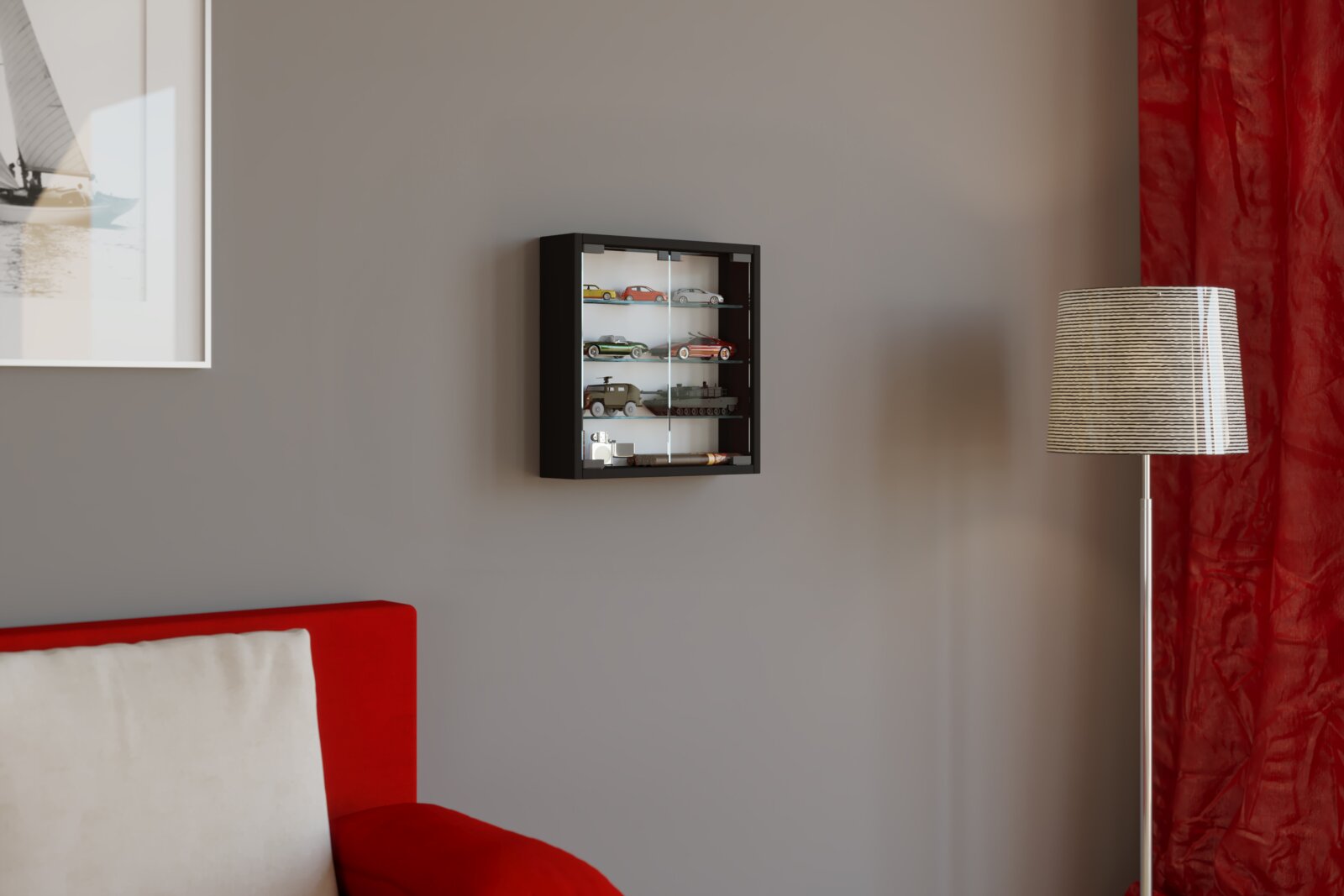 VCM Wandvitrine MANDOSA Schwarze, wandmontierte Vitrine mit Glas-Schiebetüren und mehreren Fächern für Modellautos, in Frontalansicht an einer grauen Wand im Wohnzimmer