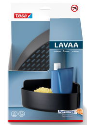 Eckduschkorb von tesa Lavaa in schwarzer Farbe, montiert ohne Bohren mit Powerstrips-Technologie, Vorderansicht