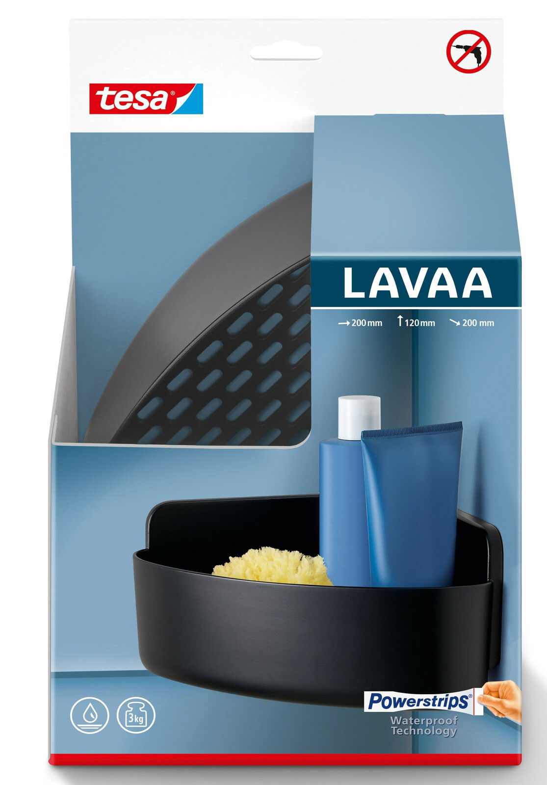 Eckduschkorb von tesa Lavaa in schwarzer Farbe, montiert ohne Bohren mit Powerstrips-Technologie, Vorderansicht