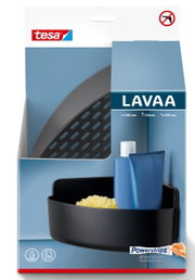 Eckduschkorb von tesa Lavaa in schwarzer Farbe, montiert ohne Bohren mit Powerstrips-Technologie, Vorderansicht