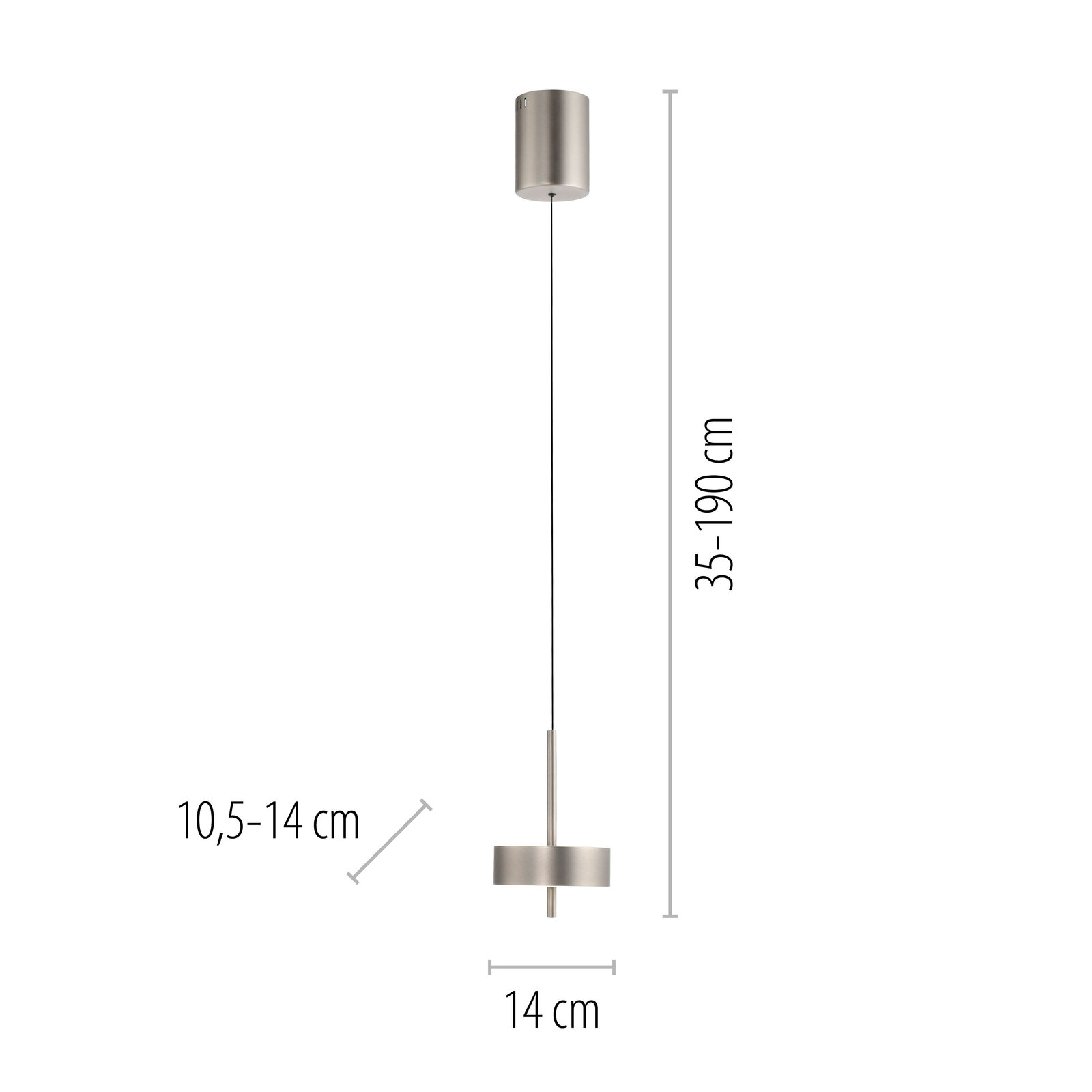Moderne Pendelleuchte Q-ROTATE in seitlicher Ansicht mit verstellbarer Höhe von 35 bis 190 cm und einem Durchmesser von 14 cm.