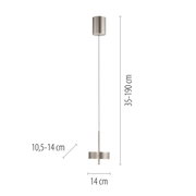 Moderne Pendelleuchte Q-ROTATE in seitlicher Ansicht mit verstellbarer Höhe von 35 bis 190 cm und einem Durchmesser von 14 cm.