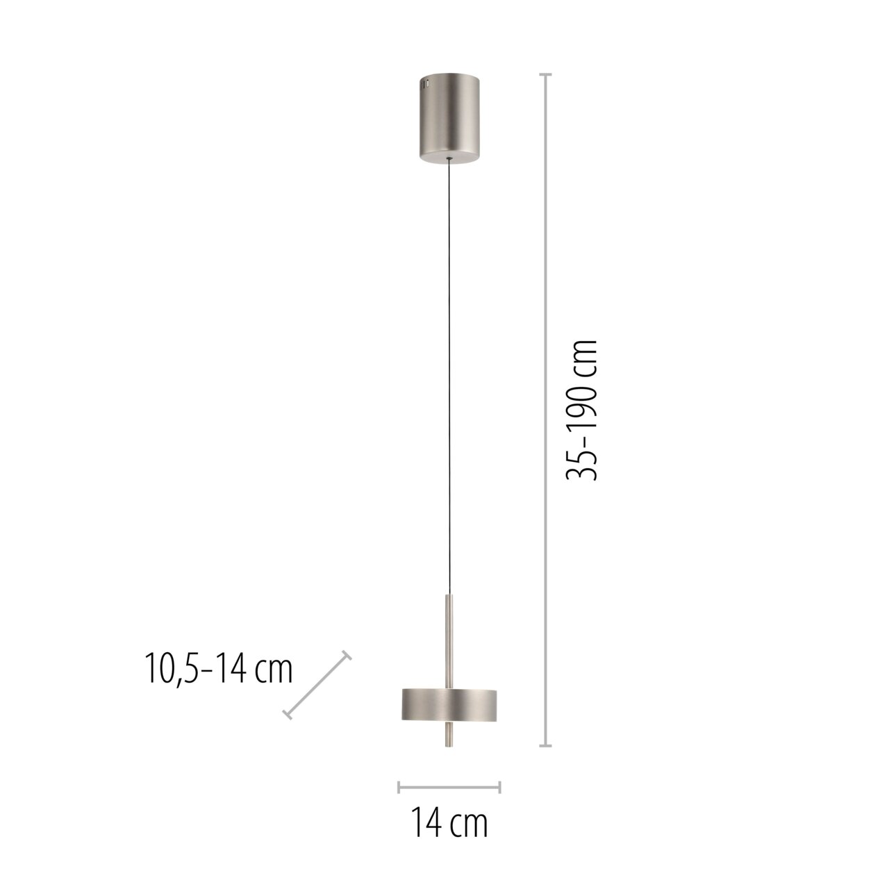 Moderne Pendelleuchte Q-ROTATE in seitlicher Ansicht mit verstellbarer Höhe von 35 bis 190 cm und einem Durchmesser von 14 cm.