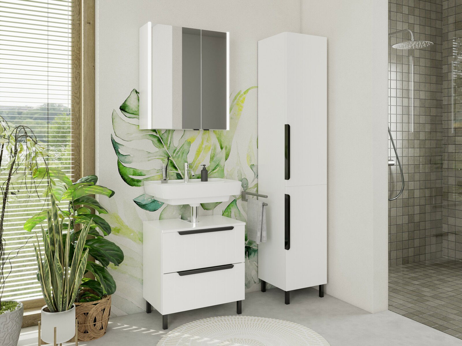 Moderner weißer Hochschrank im Badezimmer, frontal betrachtet, neben einem Waschbecken mit Spiegel und Pflanzen.