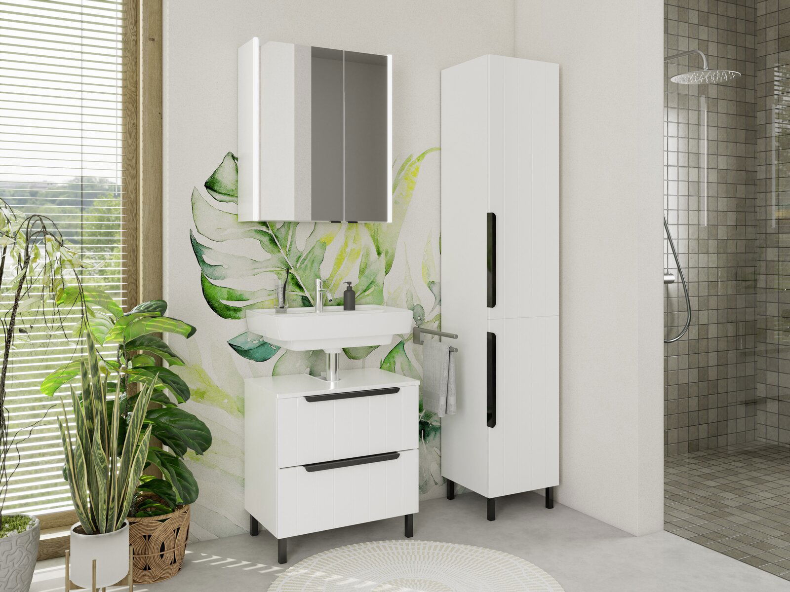 Moderner weißer Hochschrank im Badezimmer, frontal betrachtet, neben einem Waschbecken mit Spiegel und Pflanzen.