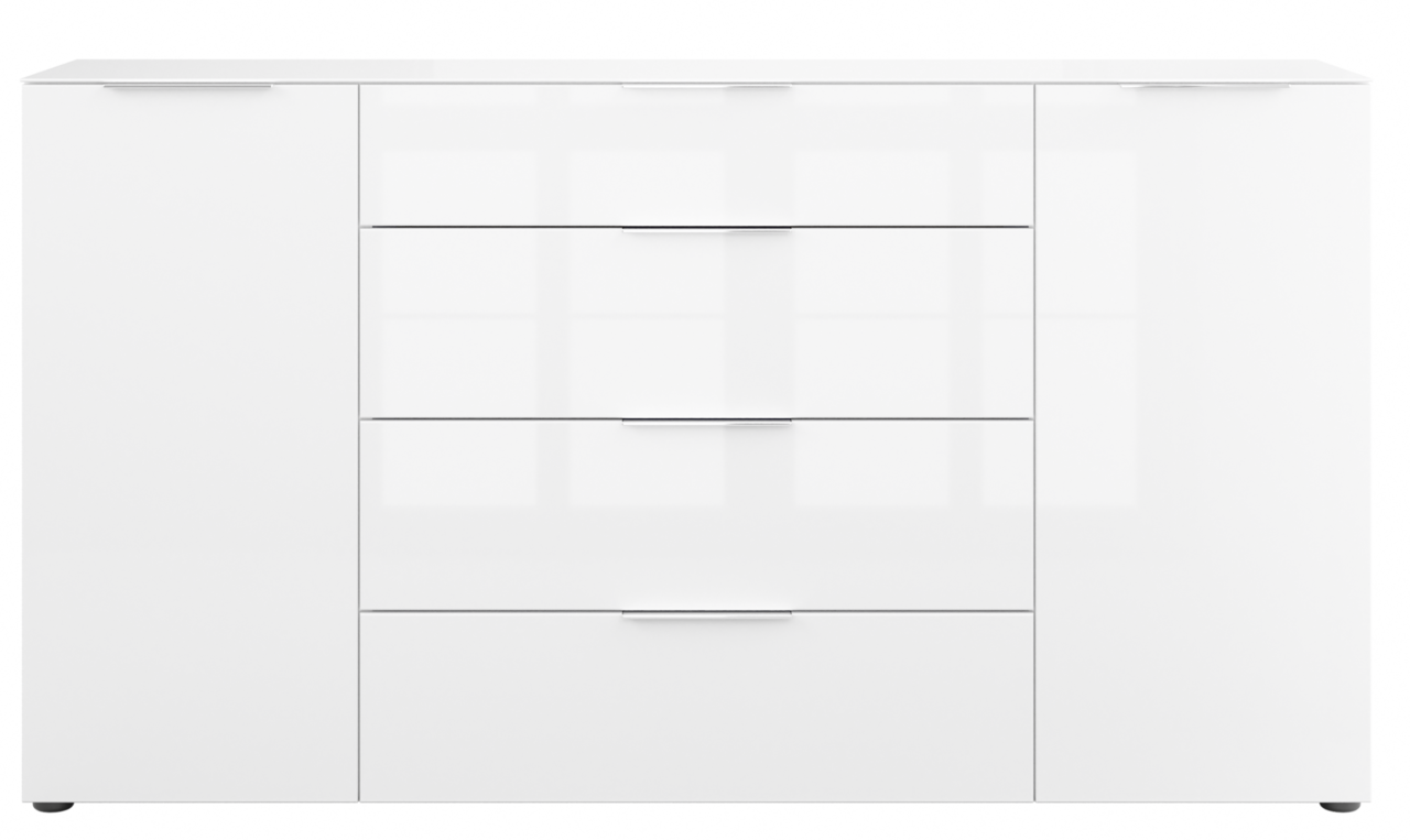 Weißes XL-Sideboard mit zwei Türen und vier Schubladen, frontale Ansicht