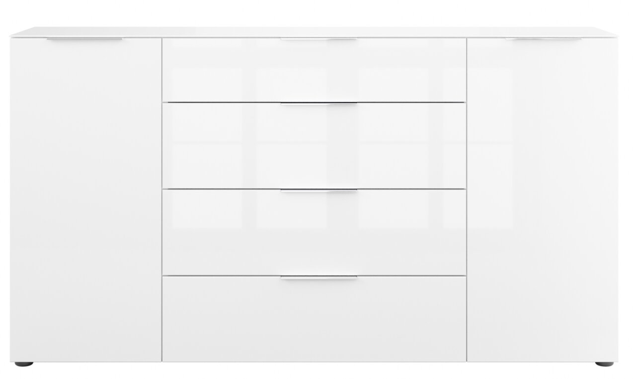 Weißes XL-Sideboard mit zwei Türen und vier Schubladen, frontale Ansicht