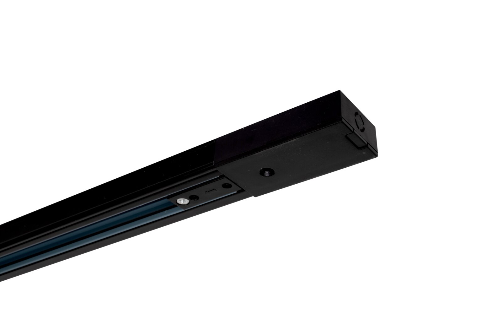 Nahaufnahme eines schwarzen LED-Strahlers in rechteckiger Form, seitliche Perspektive