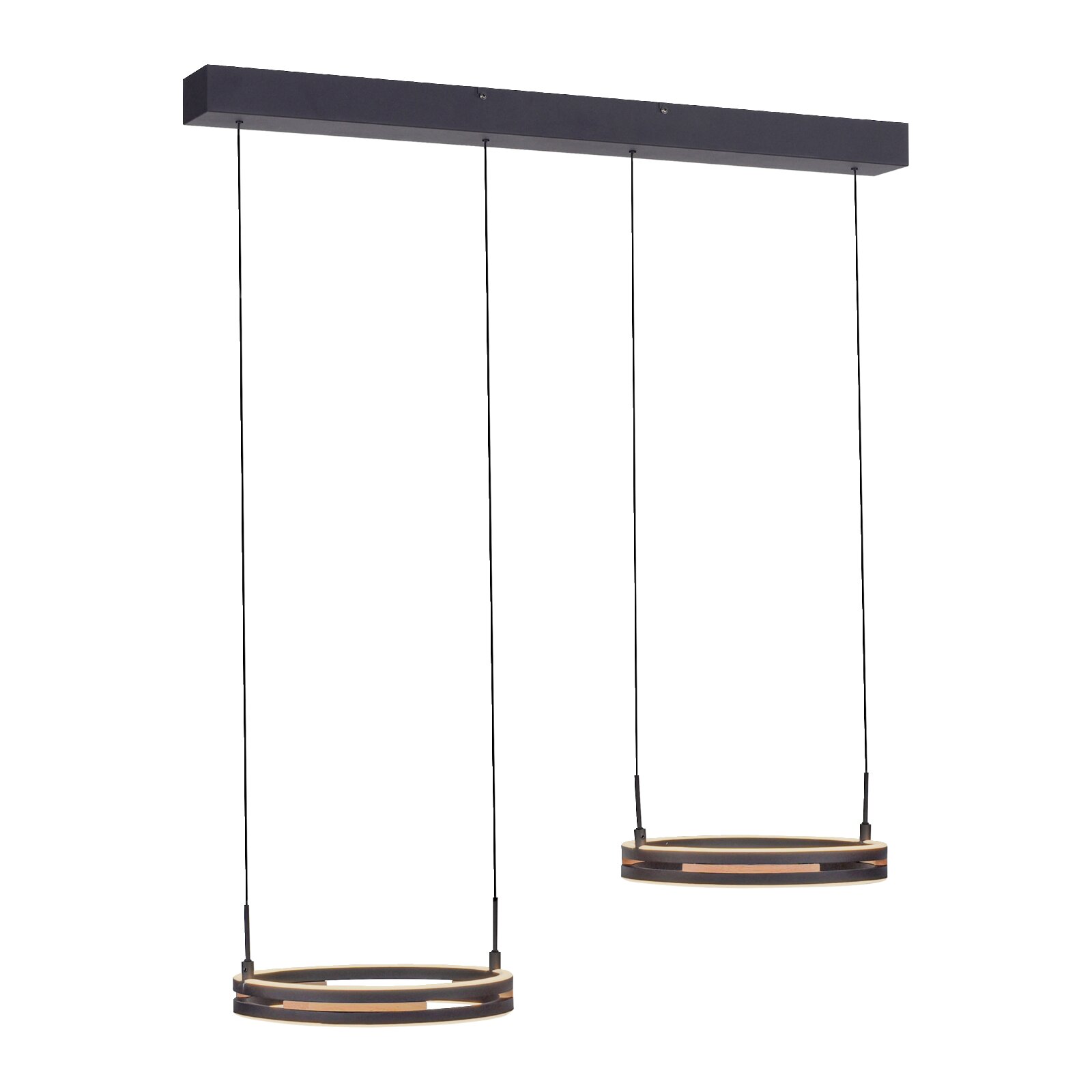 Moderne zwarte hanglamp met twee ovale LED-lichtringen en een langwerpige plafondbalk, schuin van voren en licht van onderen bekeken