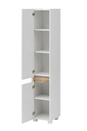 Weißer Hochschrank mit mehreren Fächern und einer Holzschublade, Türen teilweise geöffnet, seitliche Perspektive