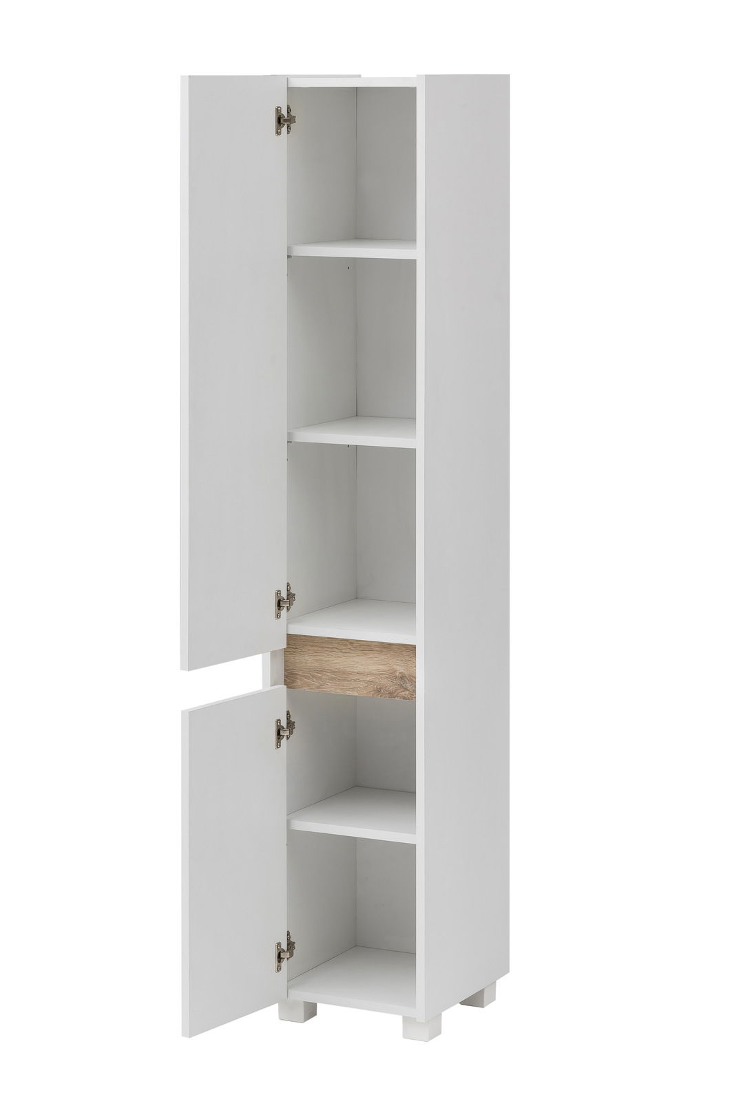Weißer Hochschrank mit mehreren Fächern und einer Holzschublade, Türen teilweise geöffnet, seitliche Perspektive