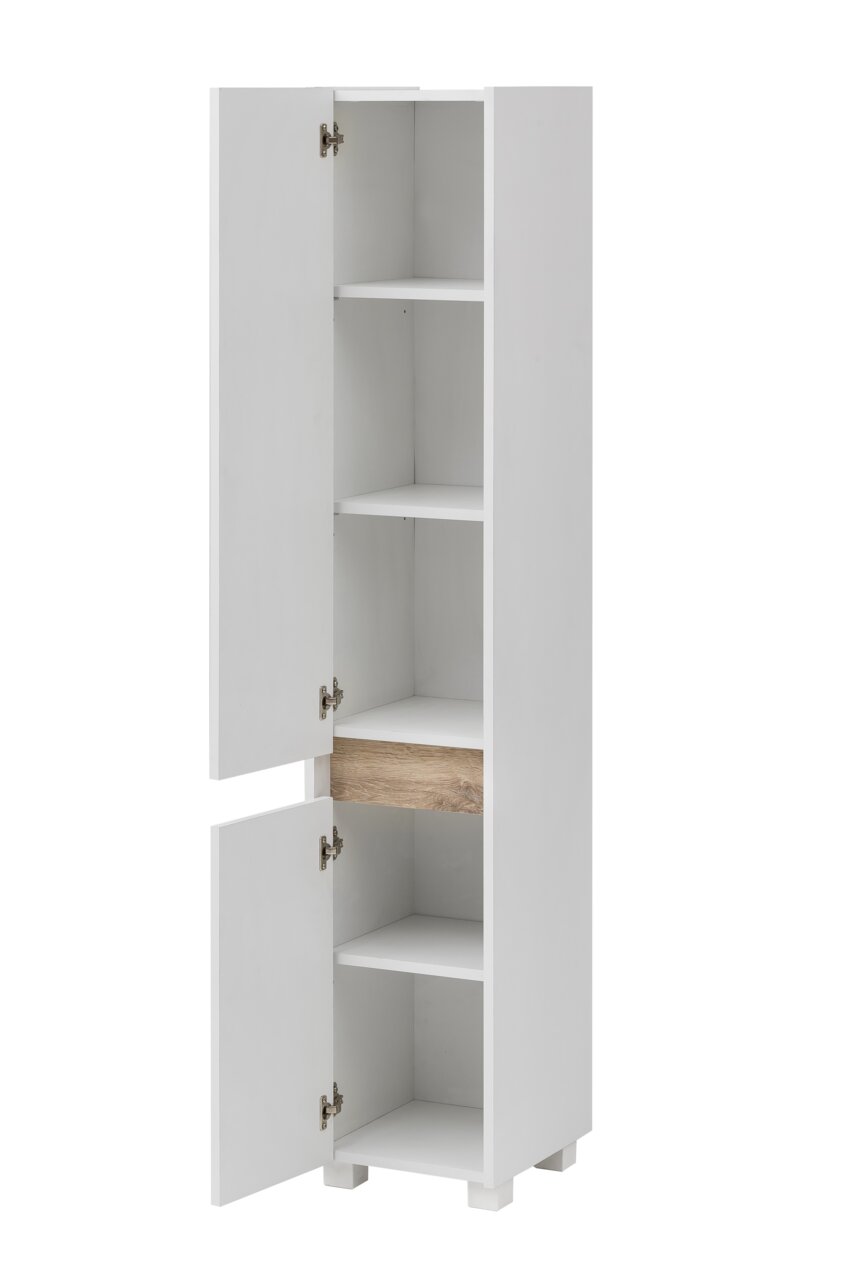 Weißer Hochschrank mit mehreren Fächern und einer Holzschublade, Türen teilweise geöffnet, seitliche Perspektive