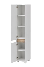 Weißer Hochschrank mit mehreren Fächern und einer Holzschublade, Türen teilweise geöffnet, seitliche Perspektive