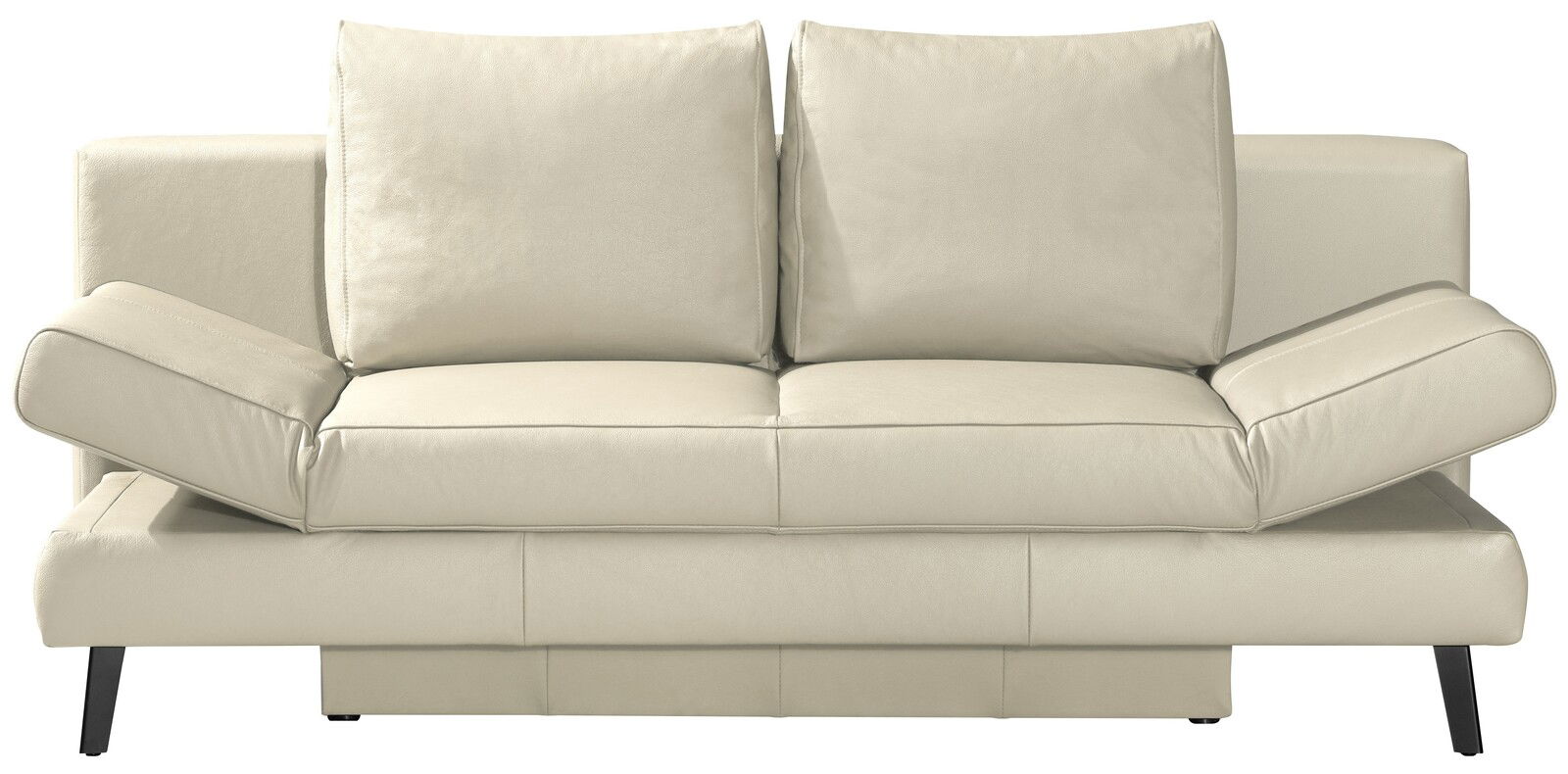 Frontale Ansicht eines beigen Querschläfers mit verstellbaren Armlehnen und zwei Rückenkissen.