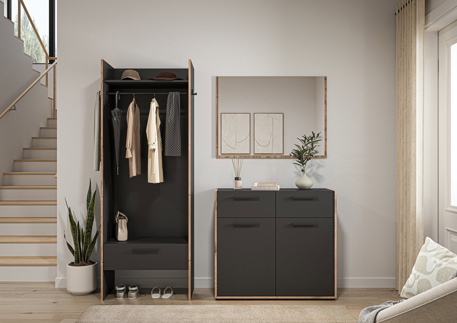 Moderner Flur mit schwarzer Garderobe und Schuhschrank mit Holzrahmen, links offener Kleiderschrank mit Kleiderstange und Ablage, rechts Kommode mit Spiegel darüber, Frontansicht auf Augenhöhe.