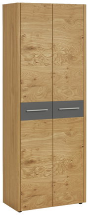 Garderobenschrank aus Holz mit zwei Türen und grauen Griffen, seitliche Perspektive