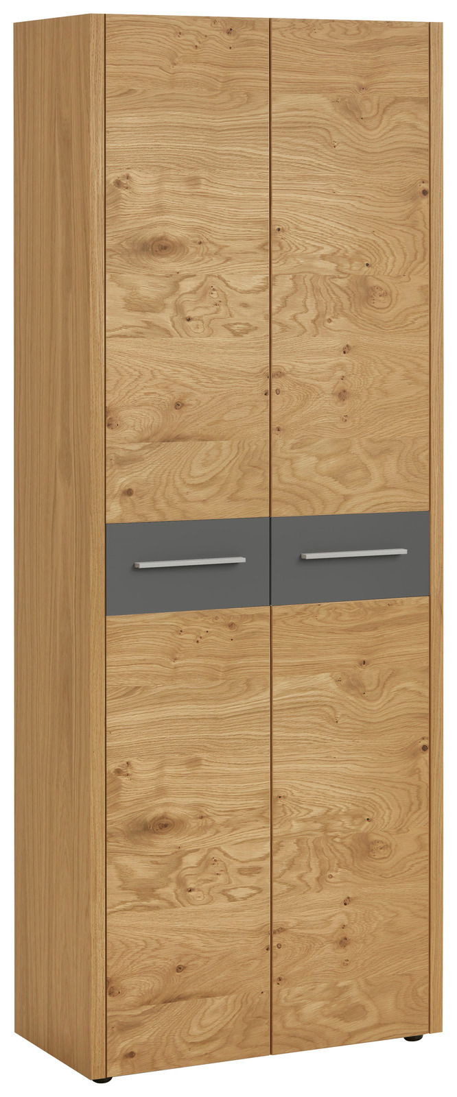 Garderobenschrank aus Holz mit zwei Türen und grauen Griffen, seitliche Perspektive