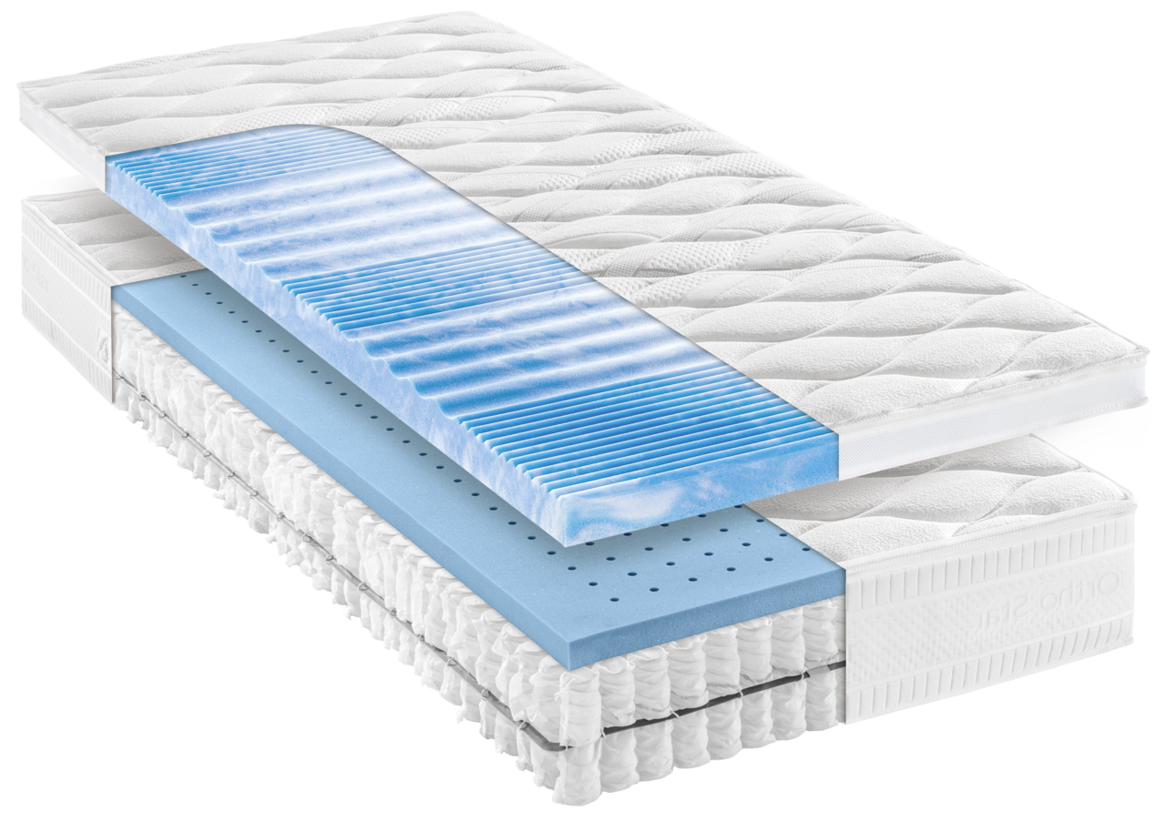 Querschnitt einer Taschenfederkernmatratze mit mehreren Schichten, darunter eine blaue Komfortschicht und eine weiße Federkernschicht, perspektivisch von der Seite gezeigt.