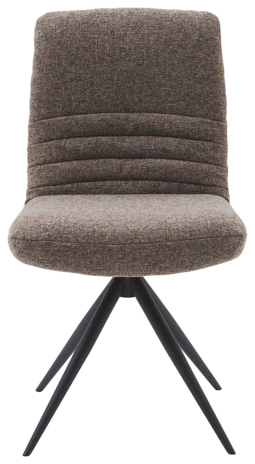 Moderner Stuhl mit gepolsterter Rückenlehne und Sitzfläche in braunem Stoff, auf schwarzem Metallgestell, Frontalansicht.