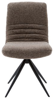 Moderner Stuhl mit gepolsterter Rückenlehne und Sitzfläche in braunem Stoff, auf schwarzem Metallgestell, Frontalansicht.